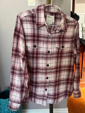 Tilley Women's Burgundy Plaid Button-Down Shirt 100% Cotton